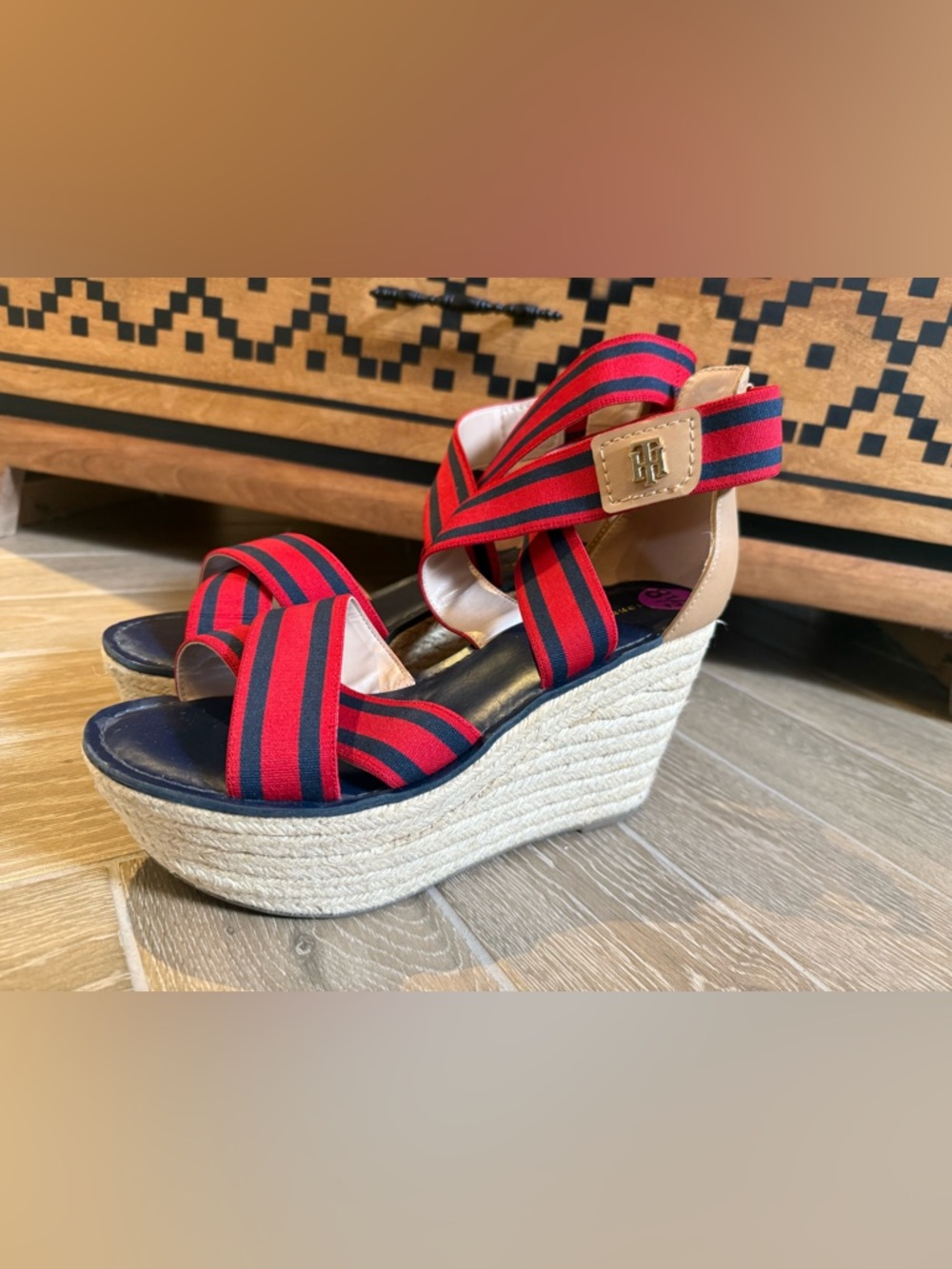 NEW Tommy Hilfiger Red & Navy Striped Espadrille Wedge Sandals